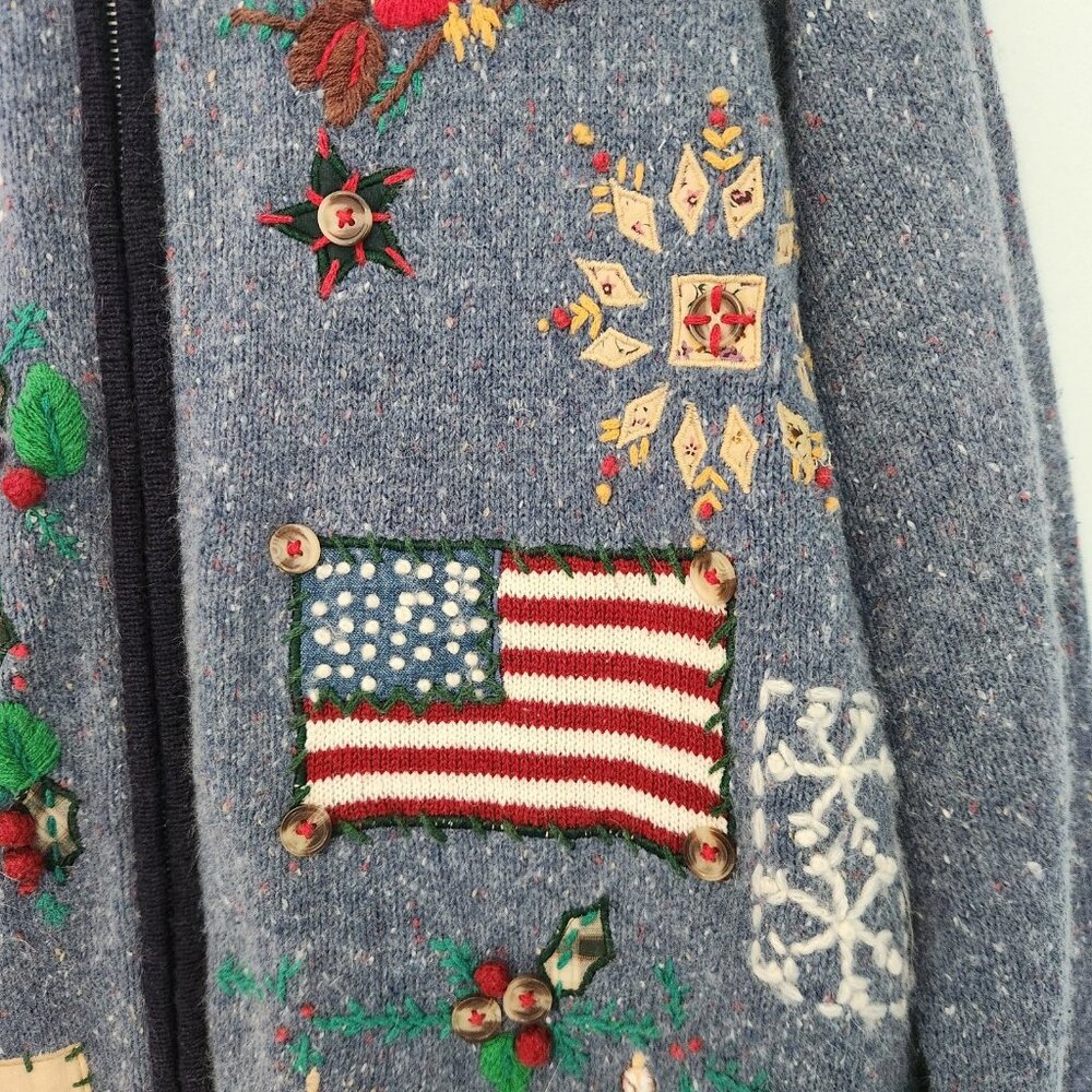 OHI Folk Christmas Sweater Full Zip Country Birds Patriotic US Flag Large EUC - Picture 6 of 16